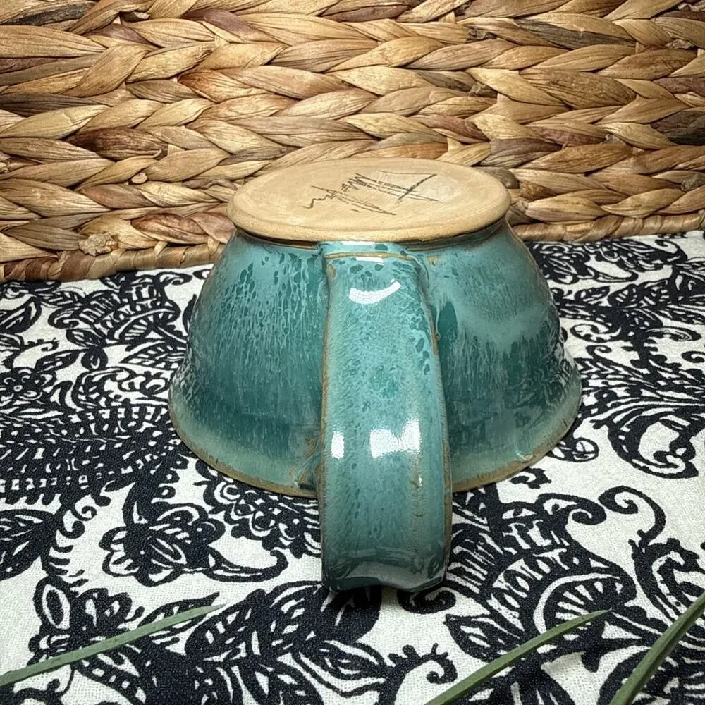 NEW Hand Made Coffee Mug Cup Artist Signed Blue Green Cream Stoneware Mug Cup